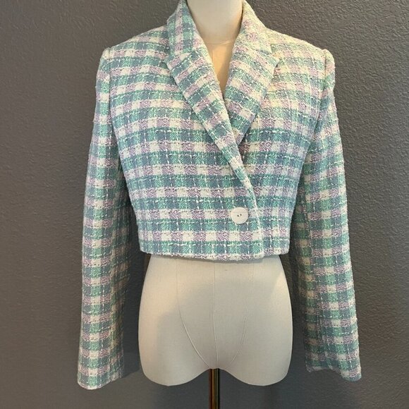NWT ZARA Textured Plaid Cropped Blazer Jacket Bloggers Fav Turquoise & Lavender - Picture 1 of 16